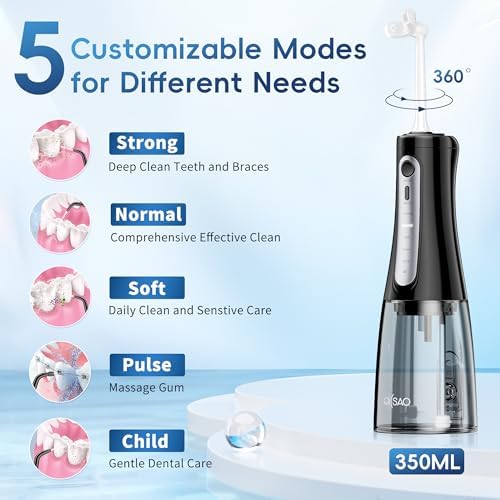 Cordless Water Flosser for Teeth Cleaning Pick, U-Shaped Flossing Head for 360° Deep Clean, 5 Modes & 9 Jet Tips, IPX7 Waterproof, Rechargeable & Portable Oral Irrigator for Travel, 350ML Large Tank