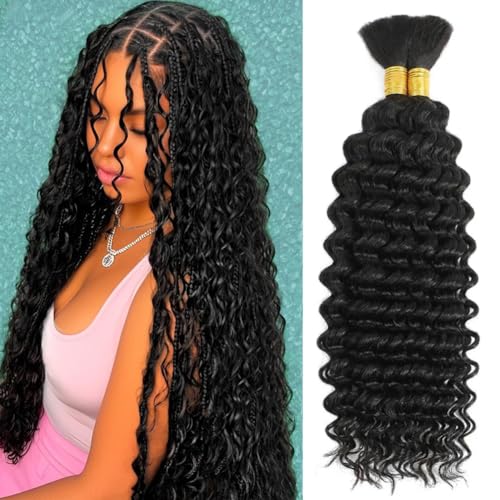 Human Braiding Hair for Boho Braids 110g Curly Boho Hair for Braiding Deep Wave Bulk Bohemian 100% Human Hair for Micro Braiding Wet and Wavy No Weft 2 Bundles Natural Color 18 Inch