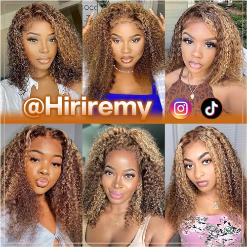 Curly Bob Wig Human Hair Deep Wave 13x4 HD Lace Front Wigs For Black Women Human Hair Pre Plucked Wear And Go Glueless Short Wet And Wavy Ombre Honey Blonde Highlight Color 4/27 14 Inch