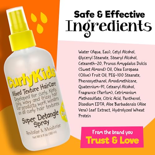 CurlyKids Super Detangling Spray | Frizz Control Hair Detangler Spray for Kids, Hair Care for Kinky, Wavy & Curly Hair, Sulfate & Paraben Free, 3 Pack