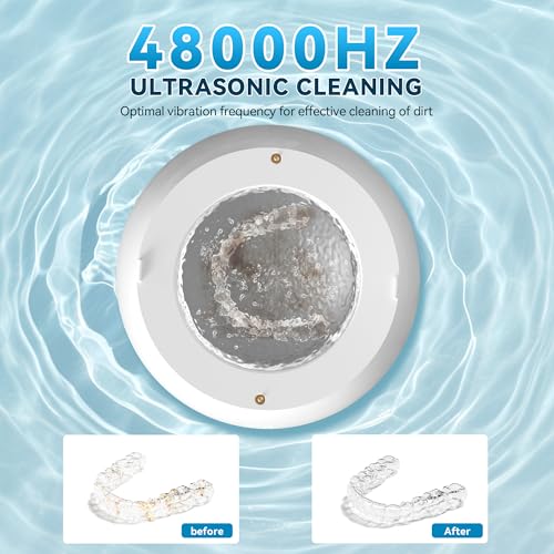KUNPHY Ultrasonic Retainer Cleaner, 48kHz Denture Cleaner Machine with Cleaning Tablets, Water-Proof Dental Cleaning Pod for Deep Cleaning Night Guard, Mouth Guard, Aligner, Jewelry, White