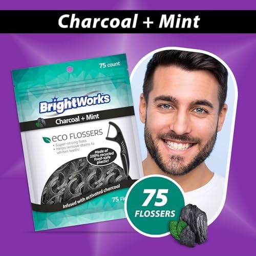 Brightworks ECO Sustainable Floss Picks - 225 Count - PFAS Free - Made in USA Charcoal + Mint Infused 100% Post-Consumer Recycled Plastic with Micro-Crystals for Oral Care Hygiene Gum Health