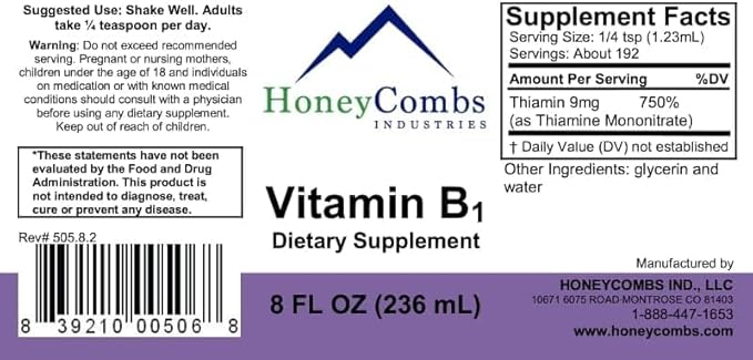 HoneyCombs Vitamin B1 Supplement (Thiamine) Liquid Drops - High Potency Thiamine B1 Supplement for Men & Women - Maintain Nervous System, Energy & Overall Health - Vegan Liquid B Vitamins (8 Fl oz)