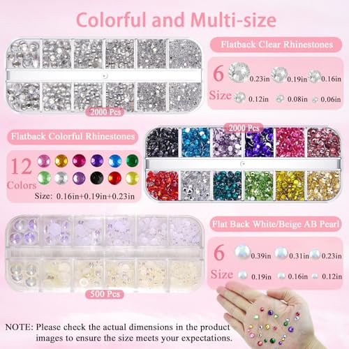 Hair Face Gems Rhinestones with Makeup Glue, Flat Back Colorful Jewels Crystal Half Round Pearl Gold Holographic Glitters Sequins Kit, Wax Pencil Tweezer and Brush for Face Eye Hair Body Makeup