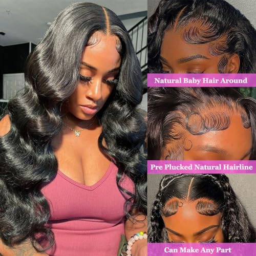 CITY GIRL Body Wave Lace Front Wigs Human Hair Pre Plucked 26 Inch 13x4 hd Transparent Lace Frontal Body Wave Human Hair Wig for Women 200 Density Natural Black