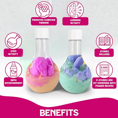 Kids Bath Bombs Powder with 12 Mini Unicorn Toys Inside – Bubble Potions for Kids with Natural Essential Oils – Bubble Bath Magic Science Kit - Blast of Fizzy Foamy & Eruption Colors – Gift Set of 4