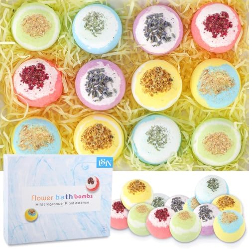 Bath Bombs for Women, USIN Natural Bubble Bath Balls Gift Set, Pack of 12 Pcs Multiple Bath Bomb, SPA Relaxing, Self Care, Gifts for Women, Men, Girls, Boys, Natural Flower Petals, 3.53 Oz Large Size