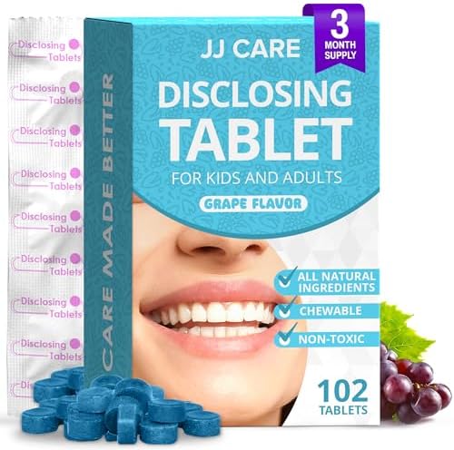 JJ Care Disclosing Tablets for Teeth- 102 Count, Individually Wrapped Plaque Disclosing Tablets for Kids Brushing Teeth, Grape Flavored Plaque Remover, Dental Care for Brushing