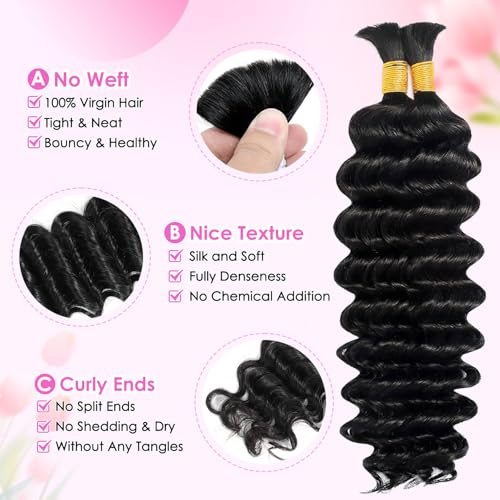 Human Braiding Hair for Boho Braids 110g 2 Bundles/Pack Deep Wave 12A Curly Brazilian Virgin Hair Extensions No Weft Knotless Bulk (1B-Black Deep-Wave, 20 Inch-110g)