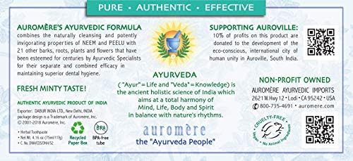 Auromere Ayurvedic Herbal Toothpaste, Fresh Mint - Vegan, Natural, Non GMO, Fluoride Free, Gluten Free, with Neem & Peelu (4.16 oz), 1 Pack