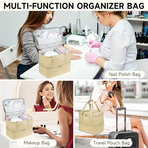 LEFORZ Nail Care Organizer, Double-Layer Nail Polish Organizer and Storage, Khaki, 40 Bottles (15ml-0.5 fl.oz) and Nail Lamp, Portable Nail Polish Holder