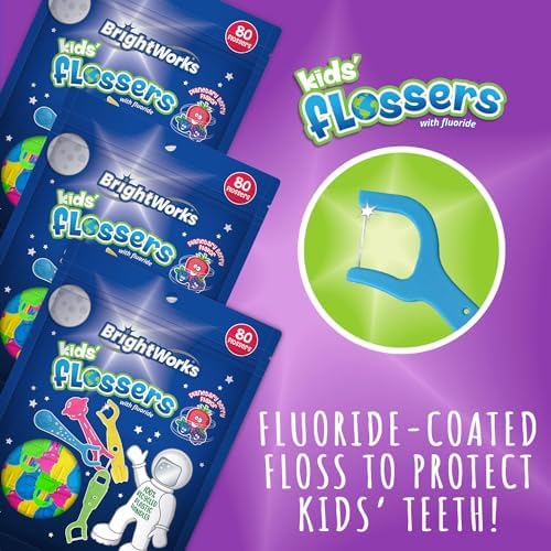 BrightWorks Kids Fun Space Flossers, Mixed Berry Flavor Fluoride [240 Floss Picks Total] Colorful Space Shapes: Astronaut, Rocketship, UFO, Earth. 100% Recycled Plastic Material. 80 Count (Pack of 3)