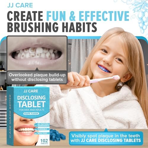 JJ Care Disclosing Tablets for Teeth- 102 Count, Individually Wrapped Plaque Disclosing Tablets for Kids Brushing Teeth, Grape Flavored Plaque Remover, Dental Care for Brushing