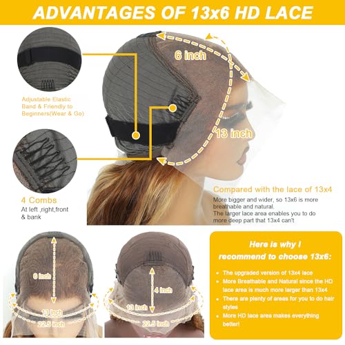 Highlight Ombre 13x6 Lace Front Wig Human Hair 28 Inch Body Wave Honey Blonde Glueless HD Transparent Lace Frontal Wigs for Women 180 Density Human Hair Pre Plucked with Baby Hair