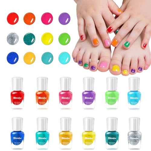 Kids Nail Polish Kit, 12 Color Toddler Nail Polish Set Non Toxic Peel-Off Safe Water Based Low Odor for Girls Ages 5+ for Makeovers and Birthday Gifts Nail Paint Set
