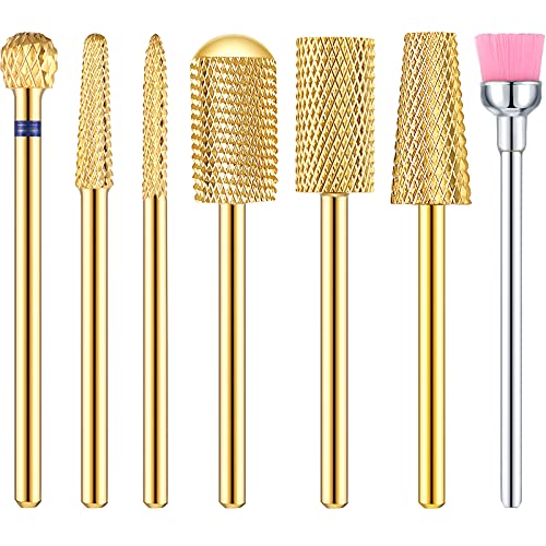 Hestya 7 Pieces Nail Drill Bits Set Tungsten Carbide Drill Bits for Nails Electric File 3/32 Inch Diamond Manicure Pedicure Cuticle Remover Tools for Acrylic Gel fingernail Salon(Gold)
