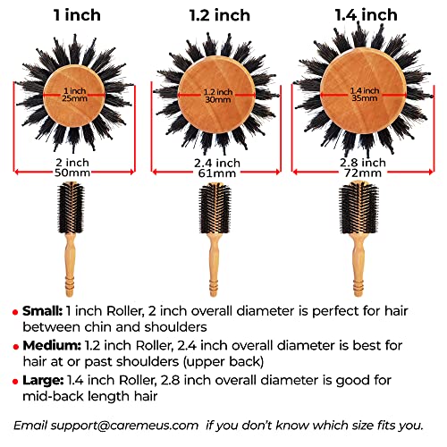 High-Density Soft Boar Bristles Wood Round Brush for Blow-Drying, Straightening, Styling, Volumizing Medium to Long Hair (Shoulder to Back-Length) for Shine & Volume, 1.2" Roller, 2.4" with Bristles