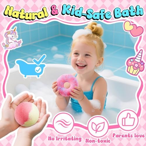 Kids Bath Bombs with Surprise Inside,9 Pack Unicorn Bath Bombs for Girls-5 with Surprise Toys,Including Jewelry Toys,Natural Organic Kids Bubble Bath with Fruity Scents,Relaxing Aromas,Birthday Gift