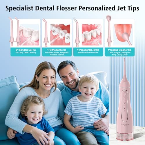 Leominor Water Dental Flosser Pick for Teeth, 300ML Portable Oral Irrigator Upgraded Tank Removable,IPX7 Waterproof, Rechargeable Travel Teeth Cleaner, Professional Electric Flossing (Pink)