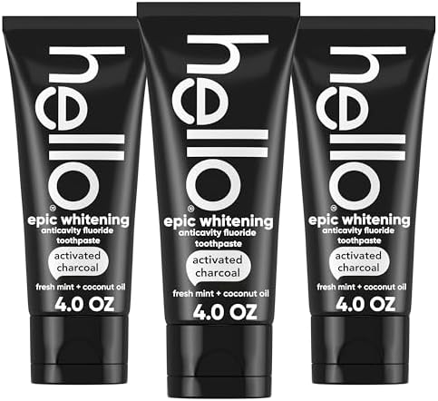 Hello Activated Charcoal Toothpaste, Fluoride Toothpaste with Activated Charcoal, Teeth Whitening Toothpaste with Fresh Mint and Coconut Oil, No SLS, Vegan, Gluten Free, 3 Pack, 4 OZ Tubes