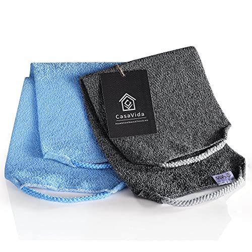 CASAVIDA Back Scrubber for Shower Nylon Bath Towel Washer Exfoliating Washcloth Rear Japanese Stretchable Strap Wash Cloth Body Exfoliation 2 Pack (Blue + Charcoal Gray)
