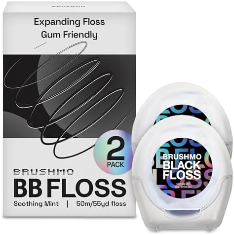 Brushmo Black Floss (BB Floss) - Expanding Gum-Friendly Soothing Mint Dental Floss, Natural Wax Helps Remove Plaque from Teeth, US-Dentist Designed PTFE & PFAS Free Oral Care, 2 Spools, 110 yd, Vegan