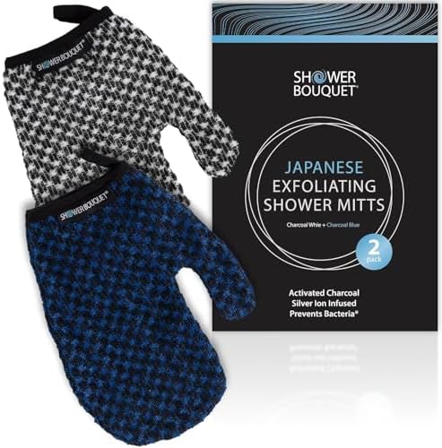Japanese Exfoliating Mitt 2-Pack - Charcoal & Silver Ion Exfoliating Gloves for Shower - Soft Inner Fabric Gentle Exfoliation & Deep Cleansing Body Scrub Gloves for All Skin Types - 1 White, 1 Blue