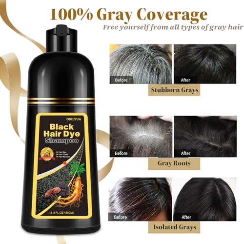Instant Black Hair Dye Shampoo 3- in-1, 100 Percent Gray Coverage, Magic in 15 Minutes for All Types, Natural Women & Men, Color Depositing Conditioner, Easy to Use