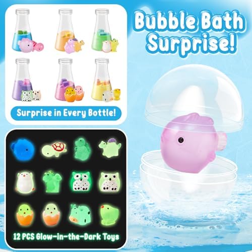 Kids Bath Bombs Potions Kit with 12PCS Surprise Toys Inside & 6PCS Bubble Bath Bottles for Toddlers (Glow)