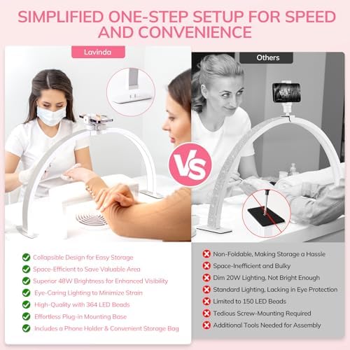 Lavinda Foldable Half Moon Nail Table Lamp with Phone Stand – 29in LED Arch Light for DIY, Eyelash, Tattoo, Facial – Adjustable 3000K-6000K – Plug-in White Design