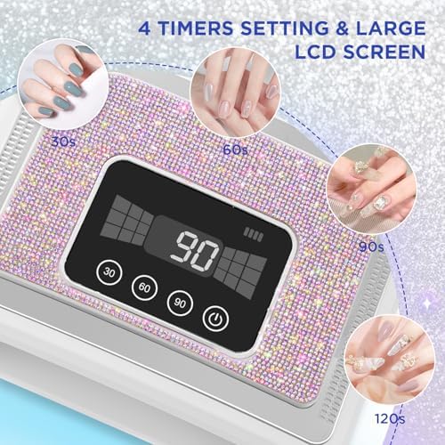 Cordless Nail Lamp, Rechargeable UV Nail Lamp for Gel Nails, LED Nail Lamp with 4 Timer Modes, Gel Nail Light Decorate with Sparkling Nail Rhinestones Diamond (Sparkly Diamond and White)