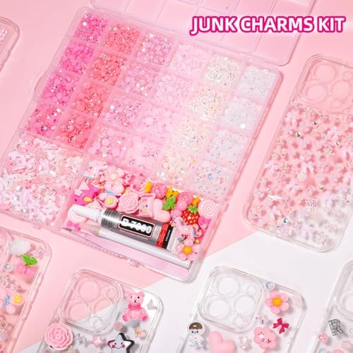 Junk Case Charms Kit, Pink White Pearls Resin Rhinestones Bedazzling Kit, Cute Candy Bear Cartoon Phone Cases Charms, Junk Case Kit with Big Charms with Glue for Crafts Nail Art DIY Accessories