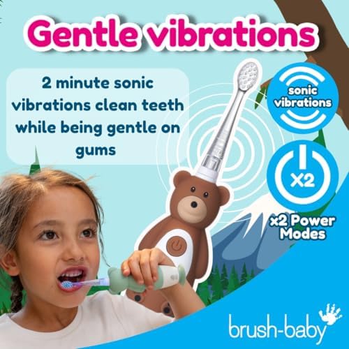 brush-baby - Kids Rechargeable Electric Toothbrush, 0-10 Years - WildOnes, Bear Design with Flashing Lights - DeepClean Bristles for Superior Clean - 2X Replacement Heads, 1x USB Cable