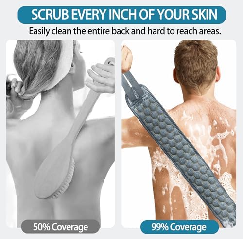 Inmorven Back Scrubber for Shower Exfoliating Body Scrubber 40 inch Double-Sided Back Exfoliator Scrub Towel, Bath Body Brush Widened Back Washer with Handle for Men and Women (Grey)