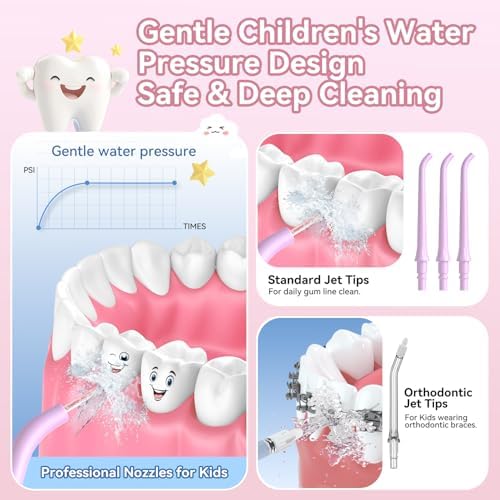 JTF Kids Water Dental Flosser: Rechargeable Portable Oral Irrigator with 4 Flossing Modes 230ml Tank 4 Tips Travel Bag Waterproof Stickers, Cordless Electric Flossers for Teeth Gum Braces Care, Age 6+