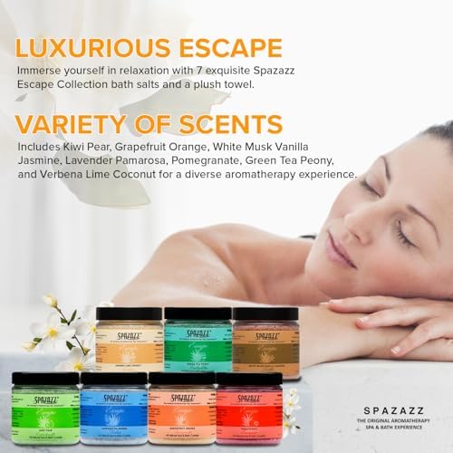 Hot Tub & Spa Bath Salt Aromatherapy Crystals - Spazazz Escape Collection 4 Oz 7-Pack Sampler & Hot Cold Towel - Lavender, Lime Coconut, Green Tea, Vanilla Jasmine, Kiwi Pear, Grapefruit, Pomegranate