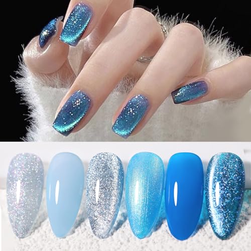 Born Pretty Gel Nail Polish Blue Series,Jelly Transparent,Cat Magnetic Eye,Shimmer Glitter Holographic Blue Gel Polish Kit for Salon Manicure and Nail Art DIY at Home 6Colors