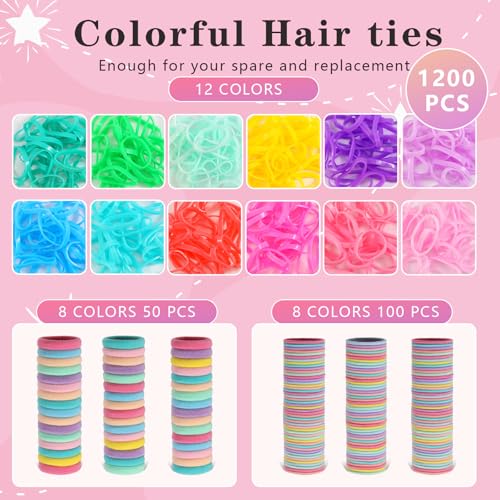 Hair Accessories for Girls, 1350P Colorful Hair Ties with 44P Hair Clips, Glitter Butterfly Hair Clips for Kids, Hair Wax Stick, Butterfly Hair Claws, Hair Barrettes with Hair Comb Set & Organizer Box