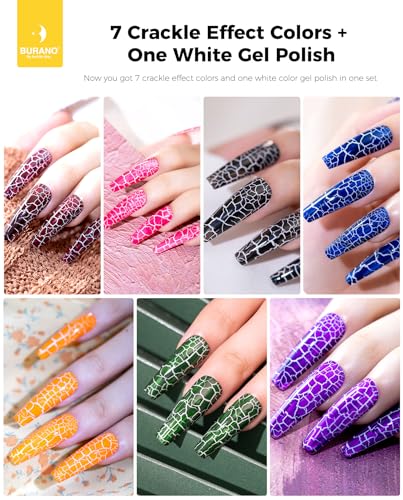 BURANO Crackle Gel Nail Polish Set - 7 Colors + White, Super Easy Cracked Nail Polish, Air Dry & UV Lamp Needed