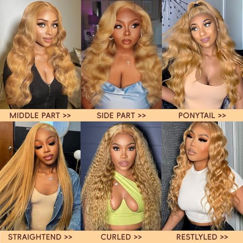 Honey Blonde Wig Human Hair 200% Density 13x4 Blonde Wig Human Hair Body Wave Lace Front Wigs Human Hair Pre Plucked Colored 27# Lace Frontal Wigs 24 Inch