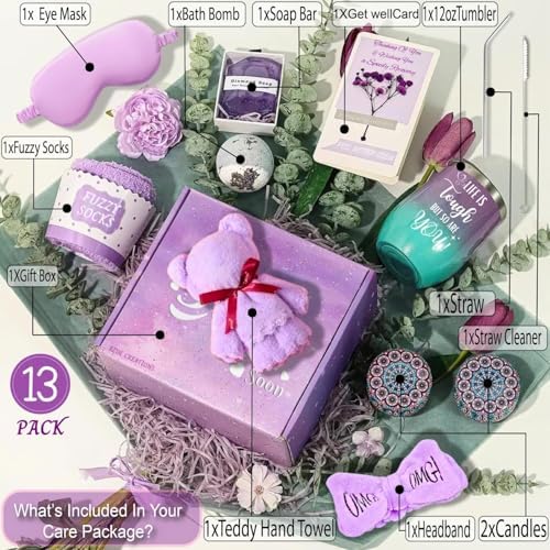 Lavender Get Well Soon Gift Baskets for Women 13pcs Self Care Package for Sick Friend Mom Sister, Get Well Gifts for Women after Surgery Speedy Recovery Feel Better Thinking of You Gift w/Dried flower