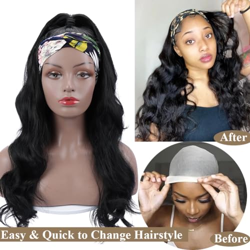 Colorful Queen Glueless Headband Wig Long Black Body Wave Headband Wigs for Black Women Synthetic Natural Looking Wavy Wig Heat Resistant 180% Density (26inch, 1B#)