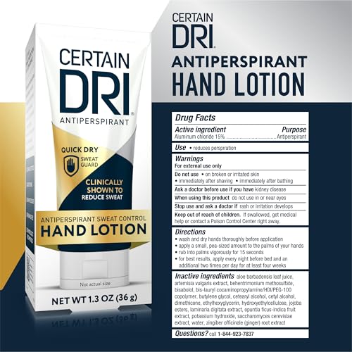 CERTAIN DRI Antiperspirant Hand Lotion – 24-Hour Sweat Protection for Excessive Sweating & Palmar Hyperhidrosis – Fast-Drying, Non-Greasy, Fragrance-Free Formula – Dermatologist-Tested, (1.3 oz)