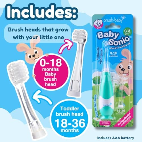 brush-baby BabySonic Infant and Toddler Electric Toothbrush for Ages 0-3 Years - Smart LED Timer and Gentle Vibration Provide a Fun Brushing Experience - Includes 2 Sensitive Brush Heads (Teal)