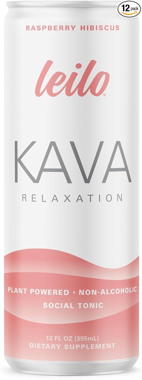 LEILO | Kava Powered Sparkling Relaxation Drink | Raspberry Hibiscus 12-Pack - Non-ALC Calming Beverage | 12 fl oz Cans (Pack of 12)