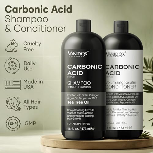 Carbonic Acid Shampoo and Conditioner for Men and Women, Deep Moisturizing Conditioner, Thickens, Softens, & Smooths Set for Hair Growth and Repair, Made in USA - 16 Fl Oz Each