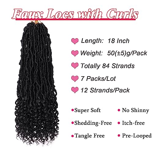 Leeven 7 Packs Faux Locs With Curly Ends 18 Inch Pre-looped Goddess Locs Crochet Hair 84 Strands Natural Black Crochet Bohemian Soft Locs Braiding Hair Extensions With Curls for Women 1B#