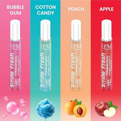 HM - Dry Mouth Fun 4 Flavoured Spray - Peach, Bubble Gum, Cotton Candy & Apple - Alcohol Free, Instantly Hydrate & Moisturize, Ph Balanced, Promotes Saliva Production & Soothes Pack of 4 x 0.33 oz