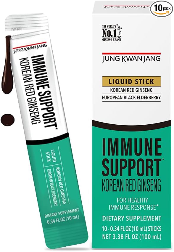 JungKwanJang Korean Red Panax Ginseng (800mg) and Elderberry (469mg) Immune Support Everytime Extract Sticks, Antioxidant Supplement for Immunity and Daily Wellness, 10 Count