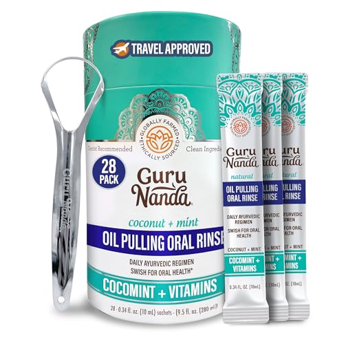 GuruNanda Travel Sachets Coconut Oil Pulling, Fresh Breath Mouthwash, 7 Essential Oils & Vitamins for Happy Teeth & Gums, 28 Sachets
